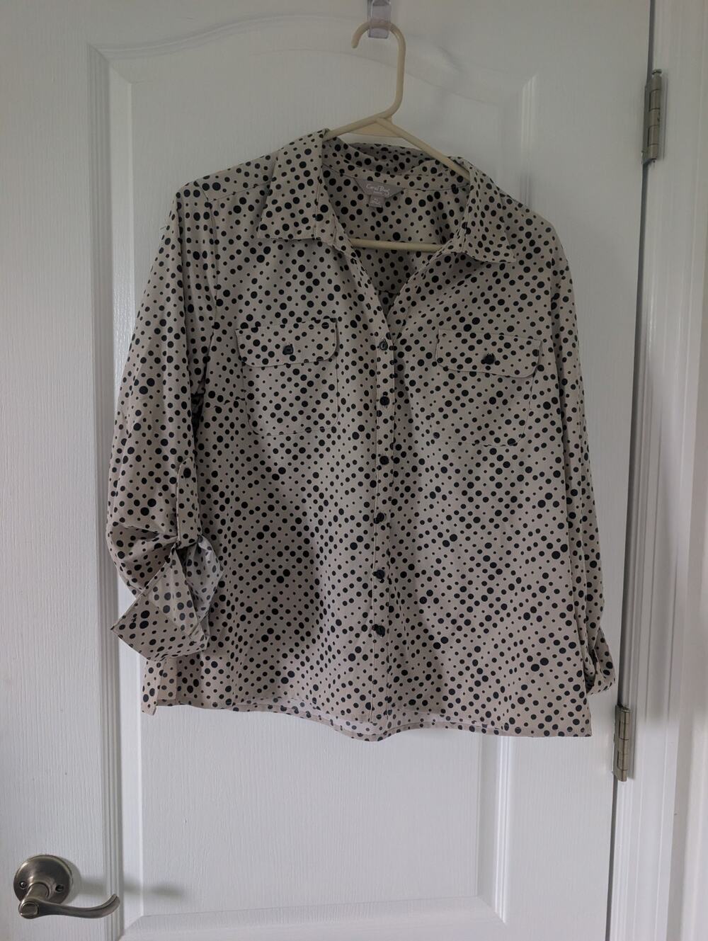 Coral Bay Beige and White Polka Dot Print 3/4 Adj Sleeve Blouse Top Large NWT